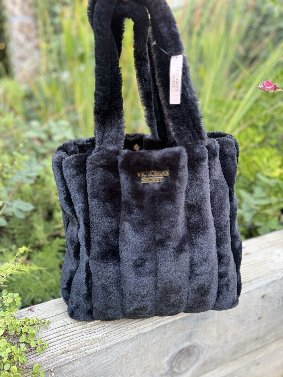 Victoria's Secret Black Faux Fur Quilted Tote Bag Purse New With Tags