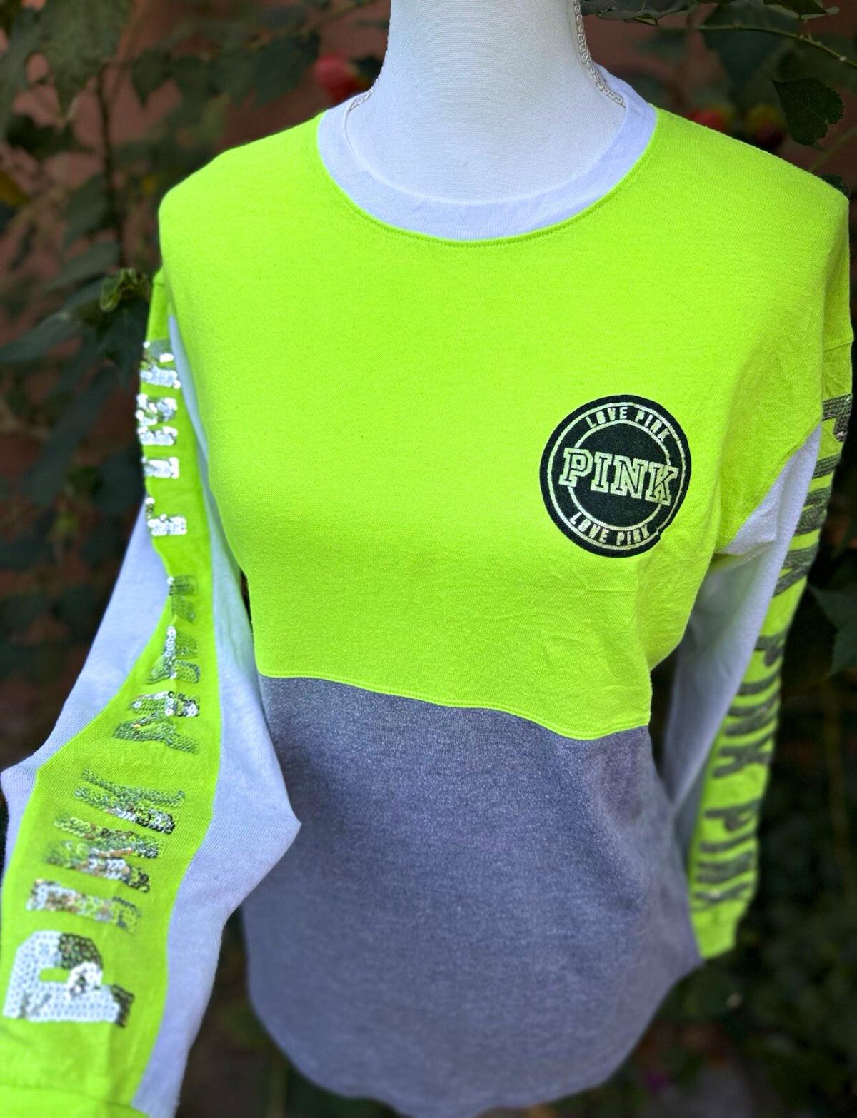 Y2K PINK Victoria's Secret Neon Green & Gray Sequin Logo Crewneck Sweatshirt XS