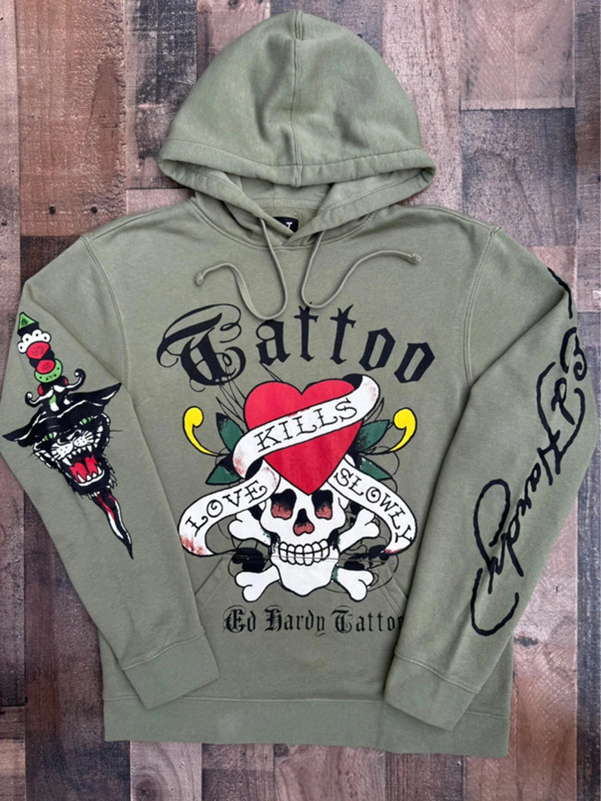 Ed Hardy Men’s Olive Green Hoodie Tattoo Love Kills Slowy Graphic Size M Medium