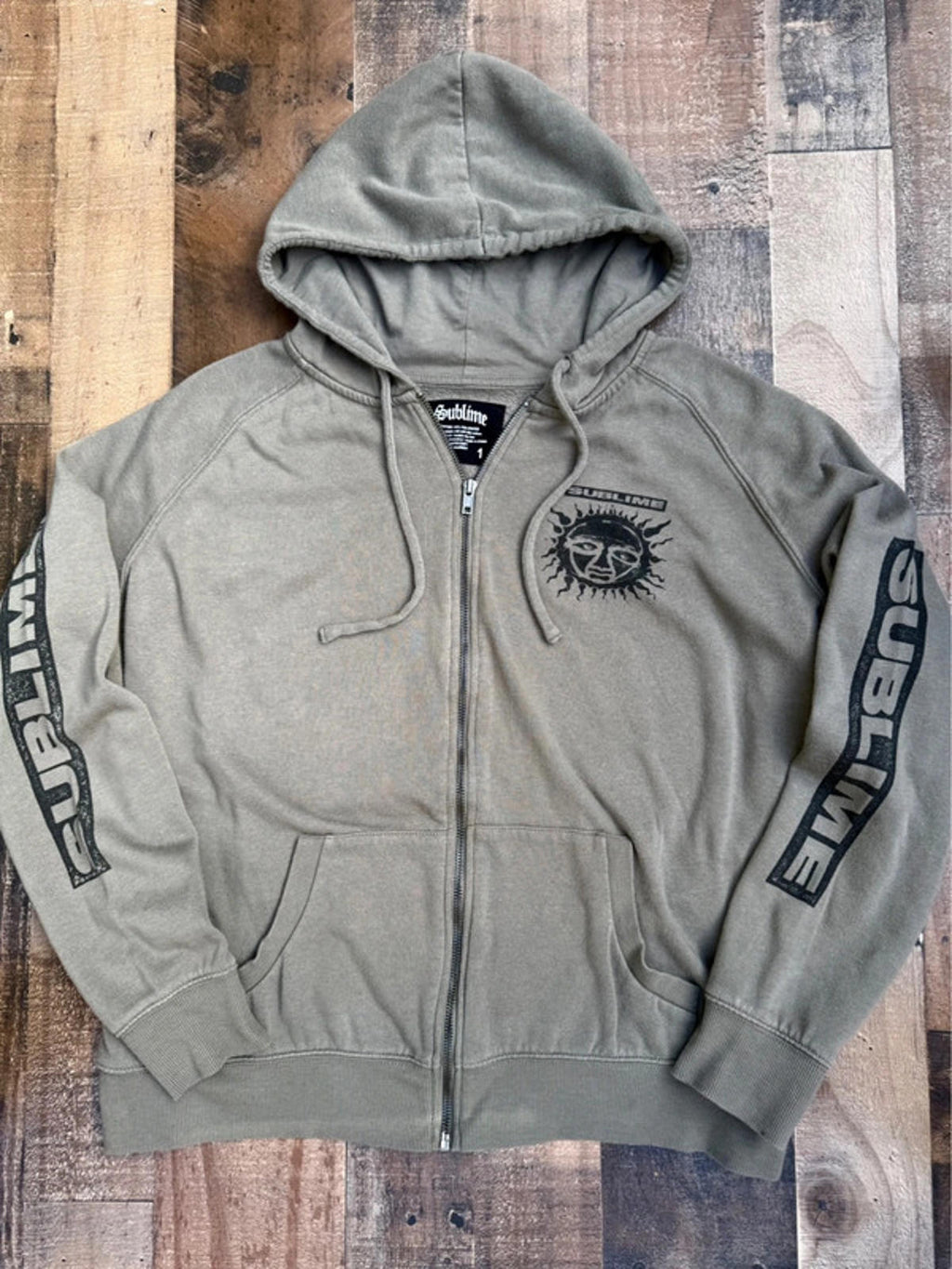 Sublime Grungy Olive Green Hoodie With Sun Graphic (Will fit a S or M best)