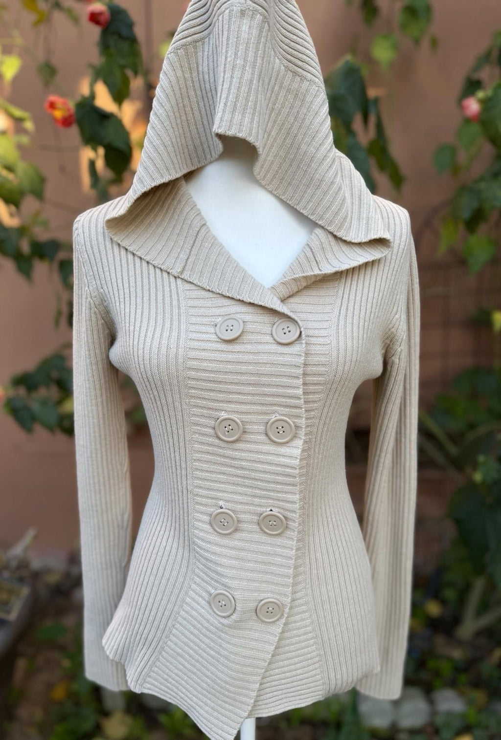 Takeout Tan Ribbed Button Up Cardigan Sweater With Hood Size L