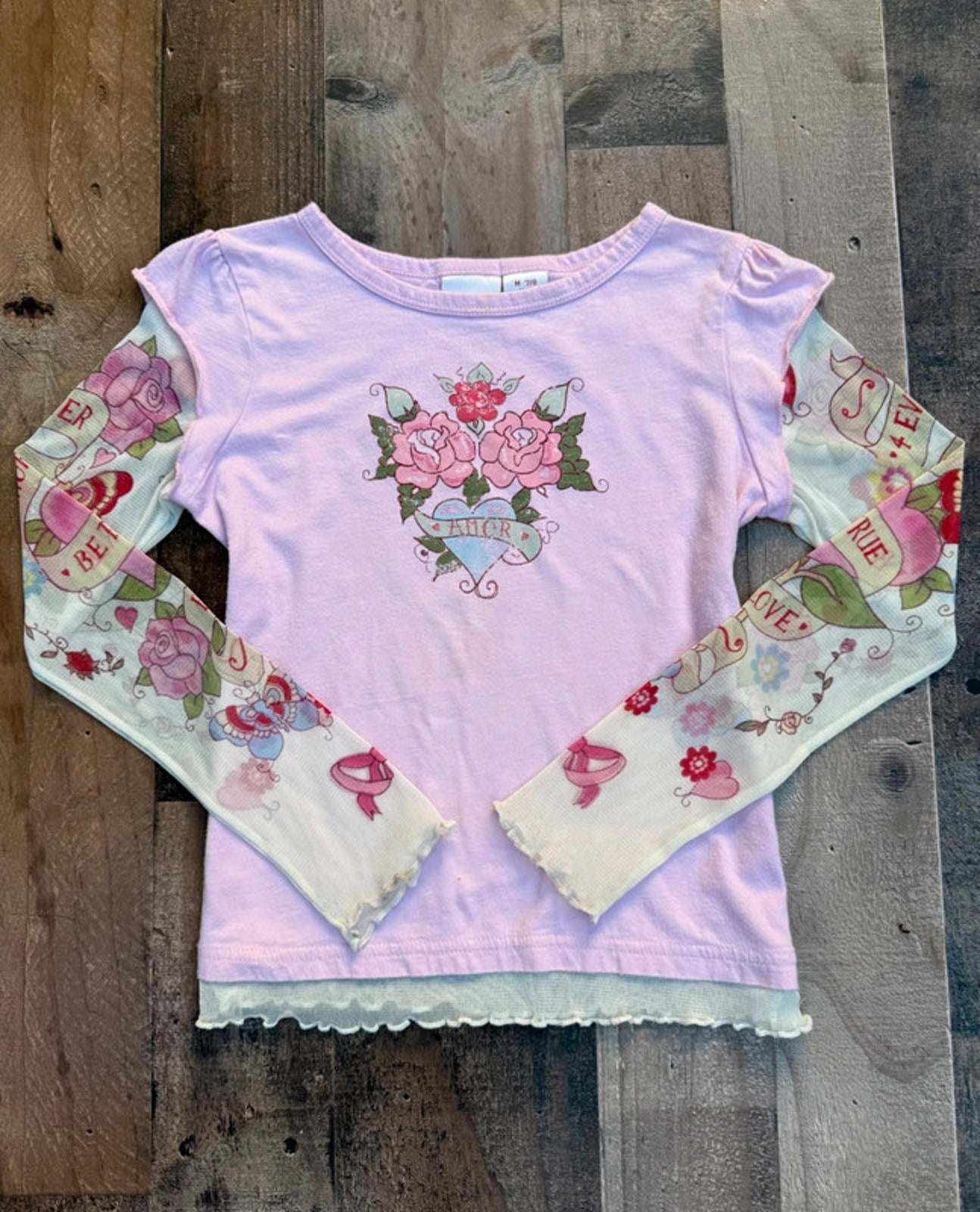 Xhilleration Girls Pink Amor Love Mesh Sleeved Vontage Tee Size 14/16