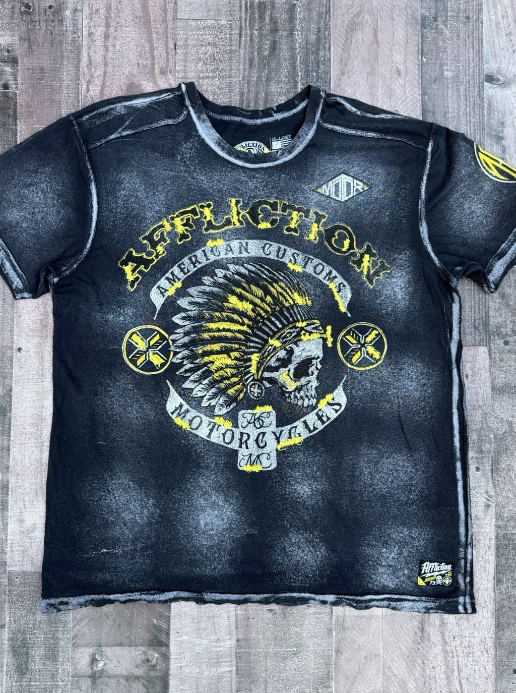 Affliction men's vintage Y2K distressed embroidered motorcycle t-shirt, size 2XL