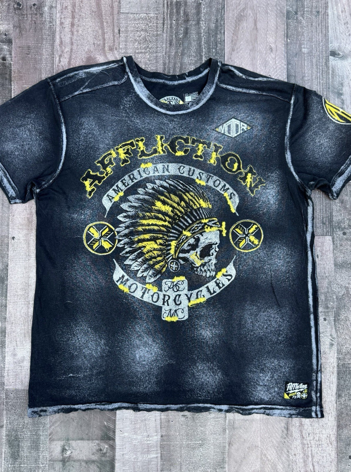 Affliction men's vintage Y2K distressed embroidered motorcycle t-shirt, size 2XL