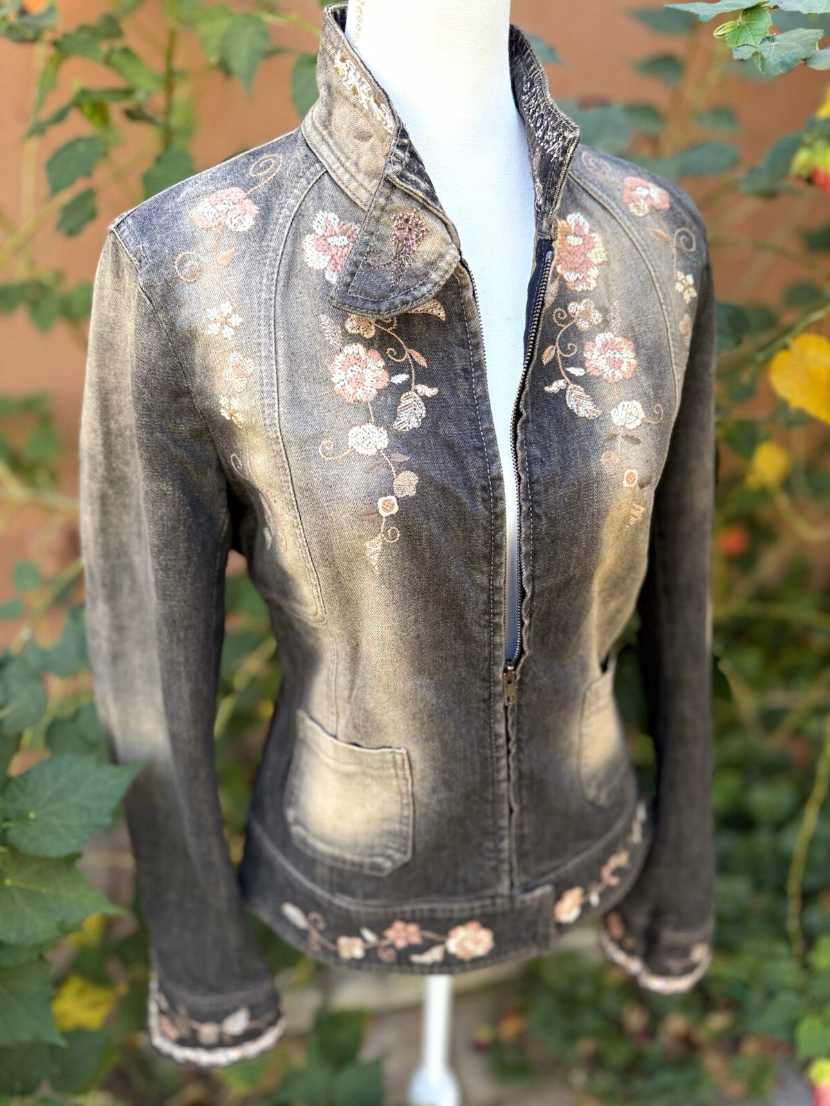 Sportmax Gray Floral Embroidered Euro Denim Jacket Full Zip Pockets Women's M