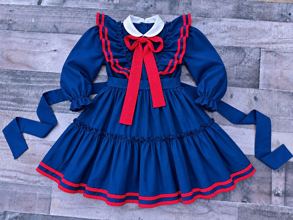 Vintage Martha's Miniatures navy blue toddler girls dress with red trim and white collar, 3T/4T