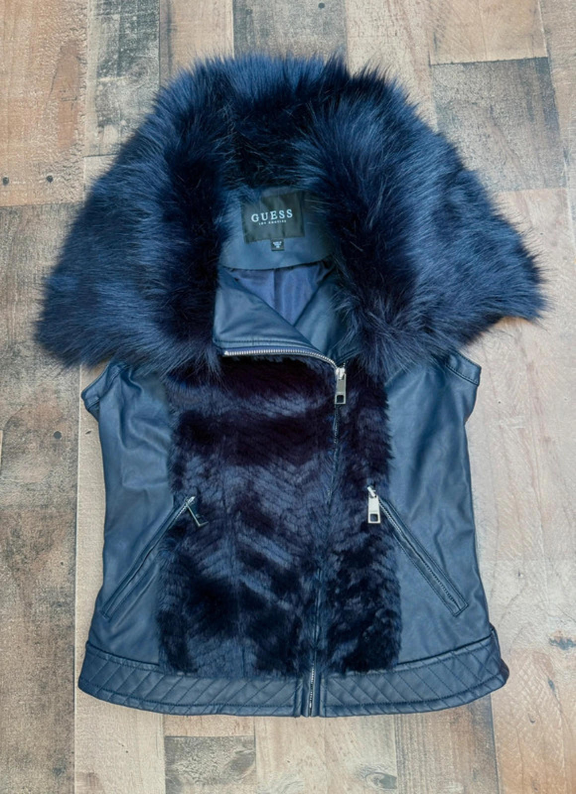 Guess Dark Navy Blue Fur Vest Size XS