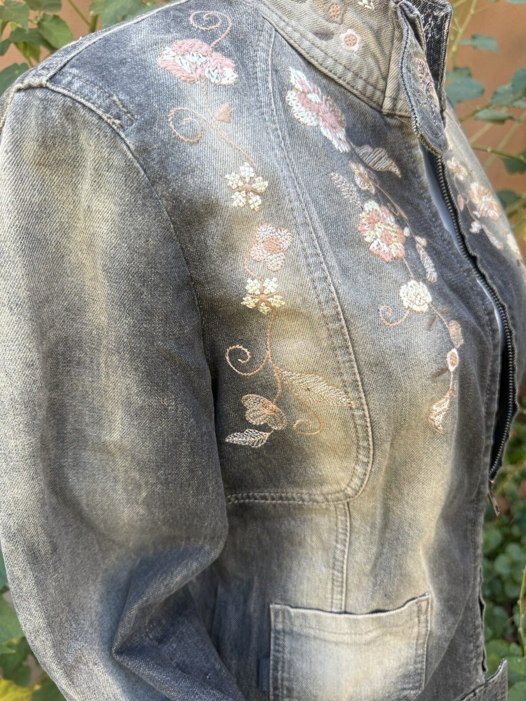 Sportmax Gray Floral Embroidered Euro Denim Jacket Full Zip Pockets Women's M