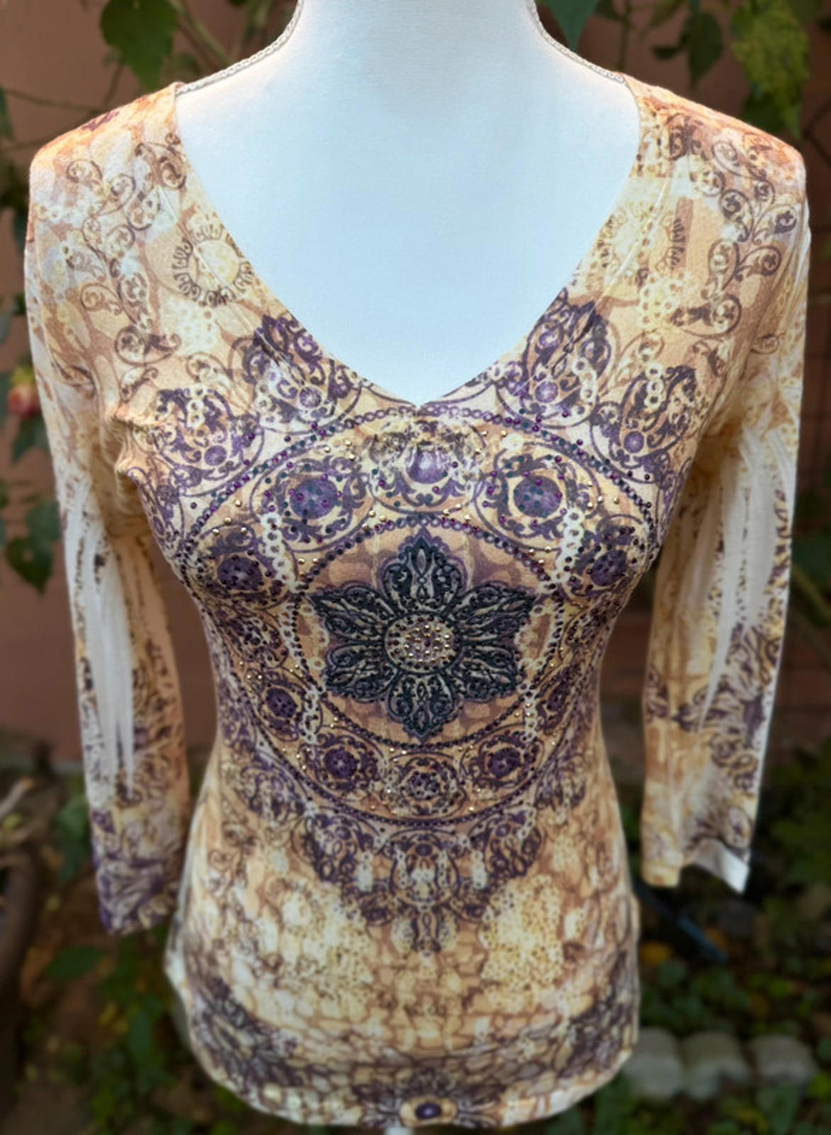 Kiara Mustard Yellow & Purple Bedazzled Design Boho Top Size S
