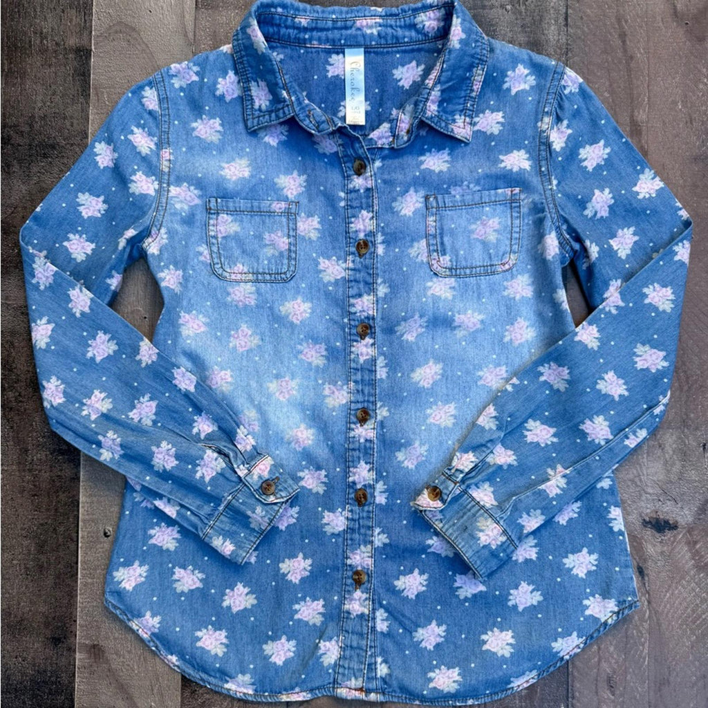 Cherokee Blue Floral Button Down Shirt Size 10