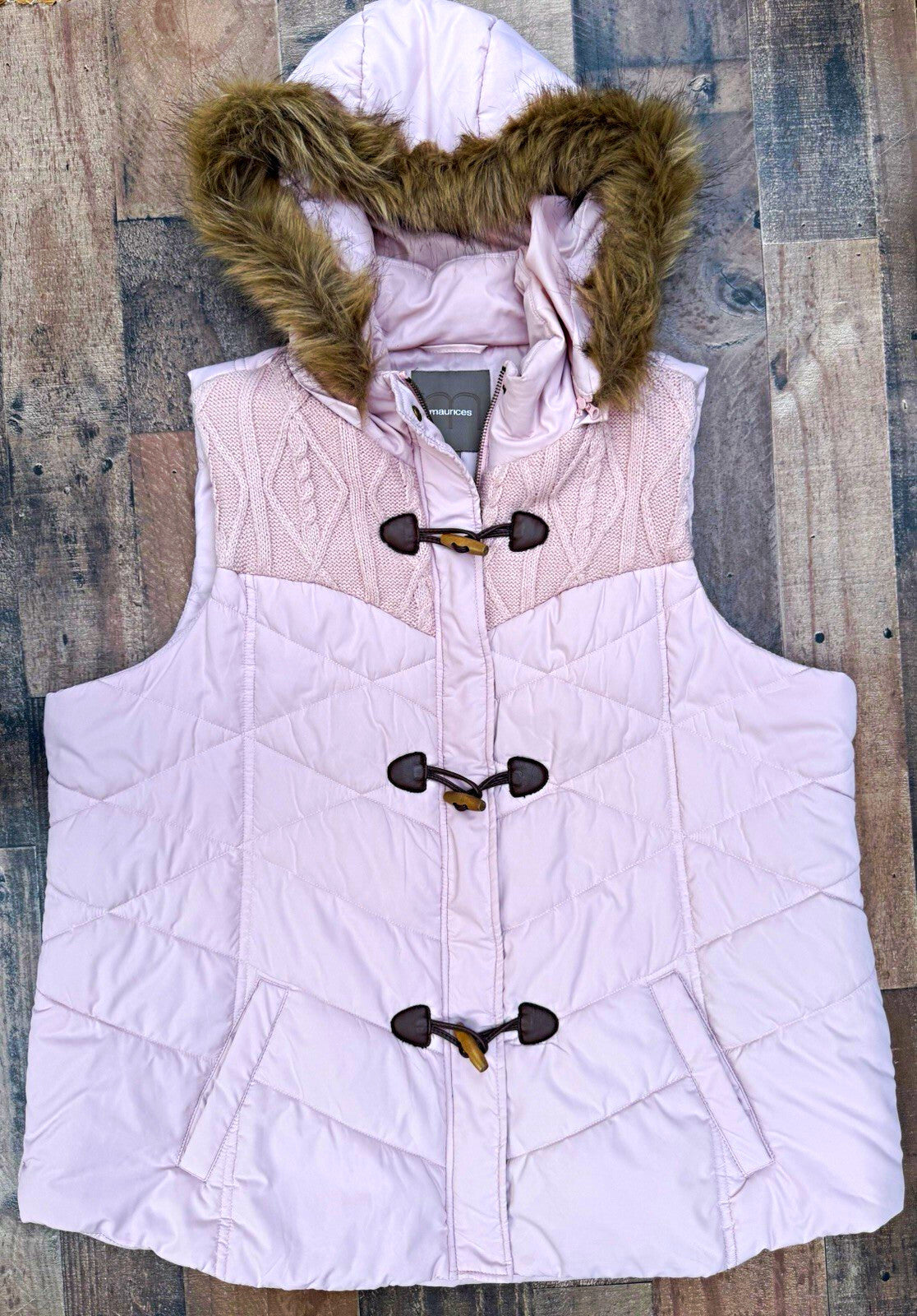 Maurices Women's Pink Quilted Puffer Vest Detachable Faux Fur Hood Size S