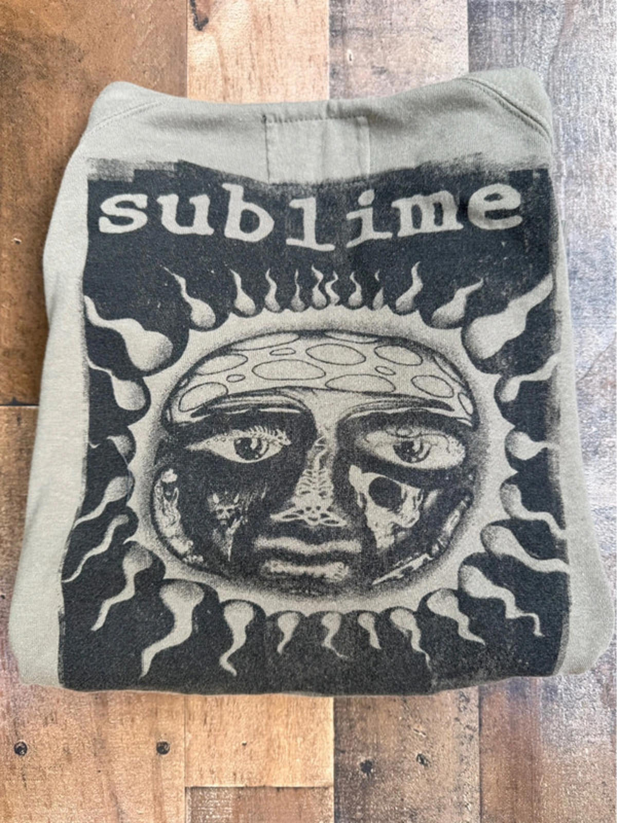 Sublime Grungy Olive Green Hoodie With Sun Graphic (Will fit a S or M best)
