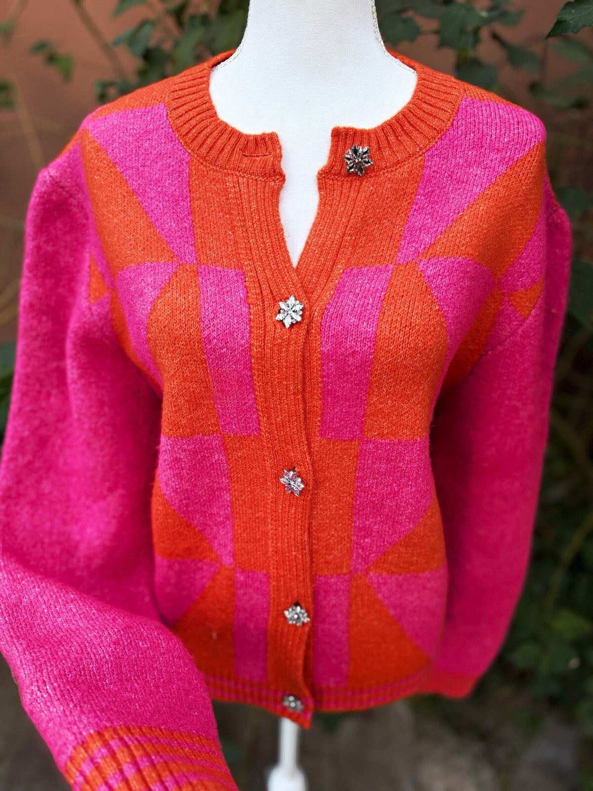 MNG pink and orange geometric knit button front cardigan sweater size XXL, front view