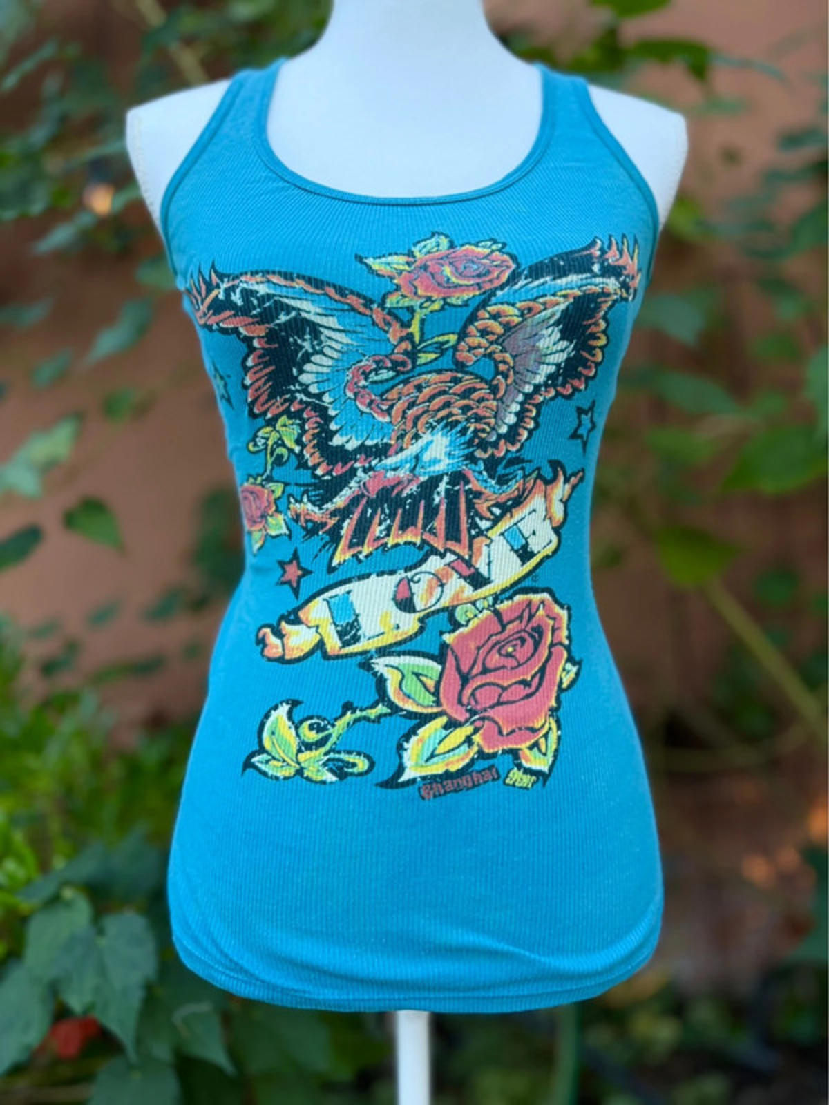 Aqua Blue Love Rose Ribbed Knit Womens Tank Top Size M Women